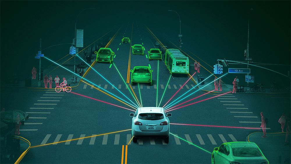 AI-powered pedestrian detection bounding boxes on crosswalk