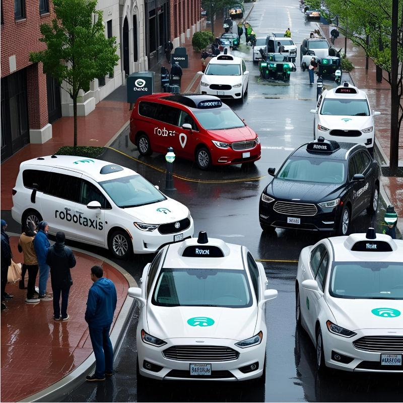 Fleet of robotaxis in an urban street scene