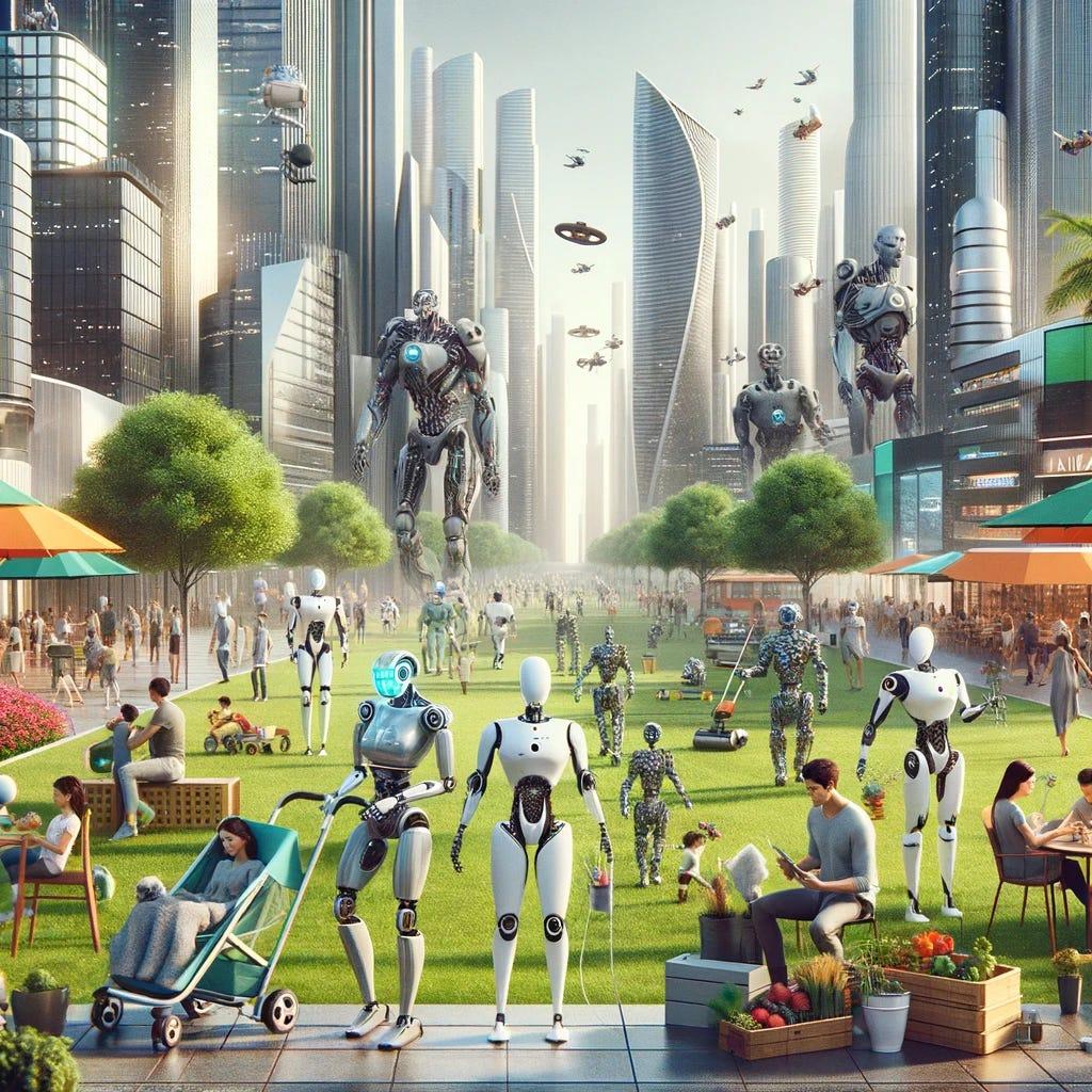 Humanoid robots and humans coexisting in a future urban park