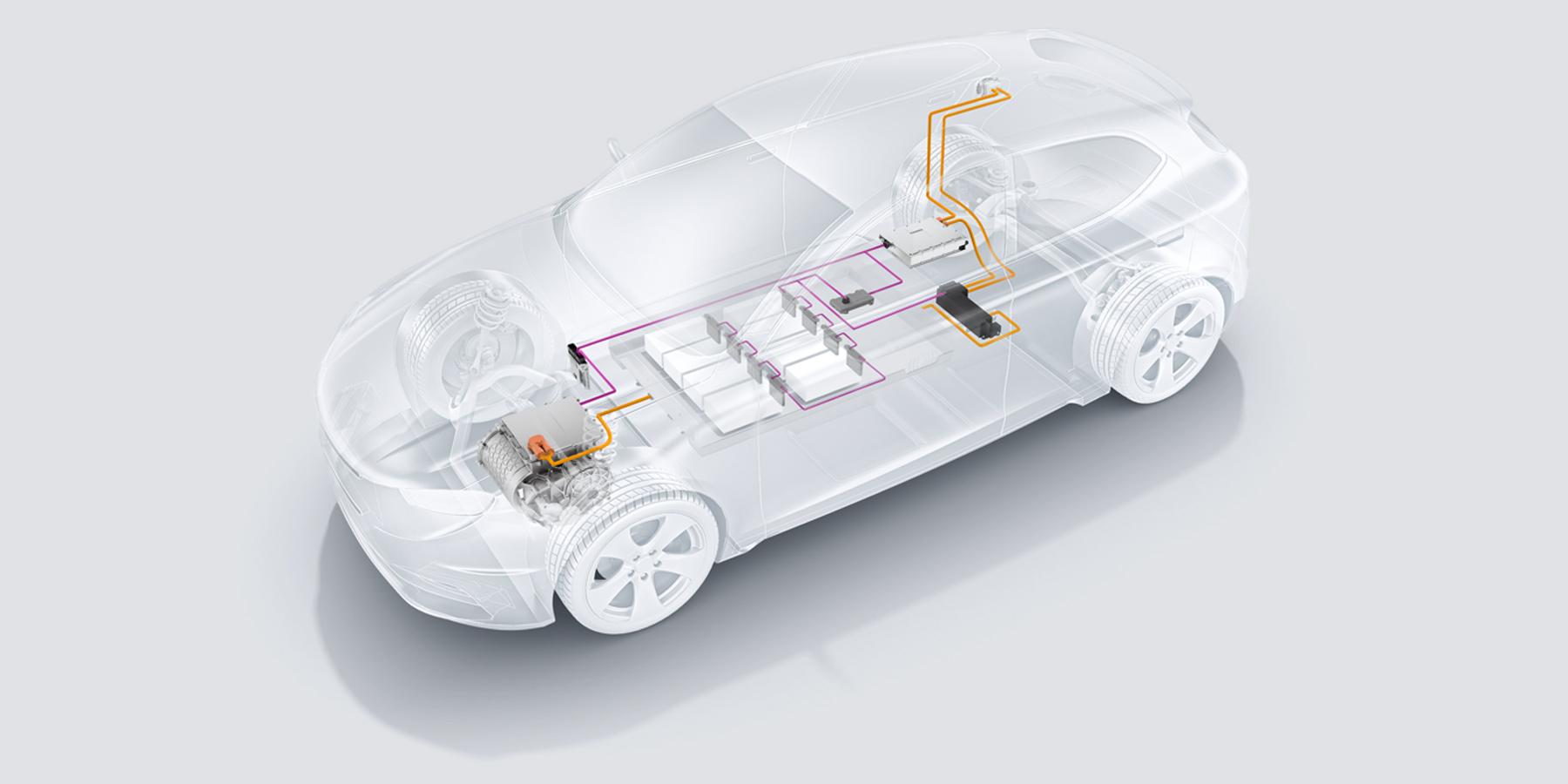 Transparent EV showing battery pack, motor, power electronics and high-voltage wiring layout