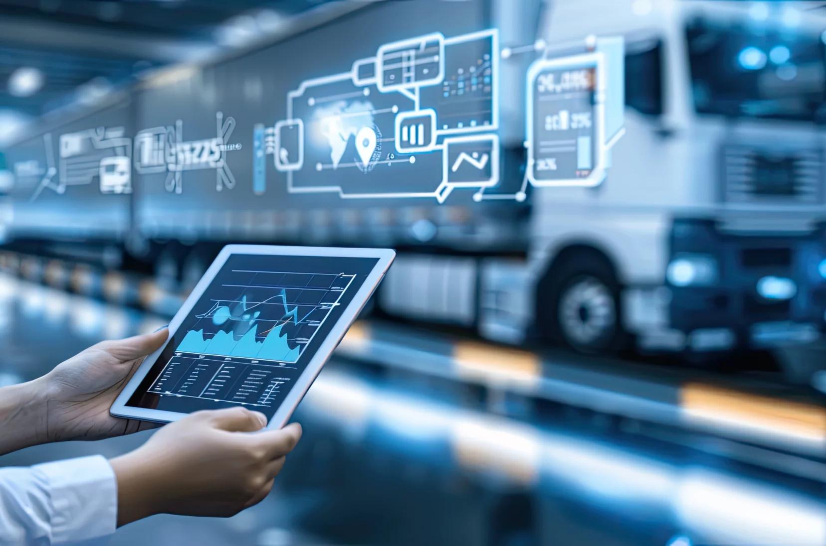 Futuristic connected logistics trucks on a digital highway